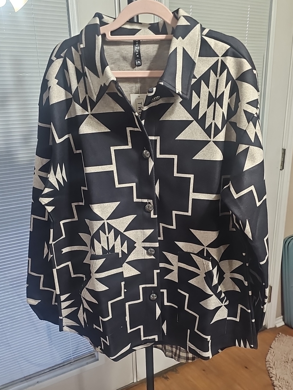 Aztec Print Button-Front Women’s Coat- Black & Cream L/Xl
